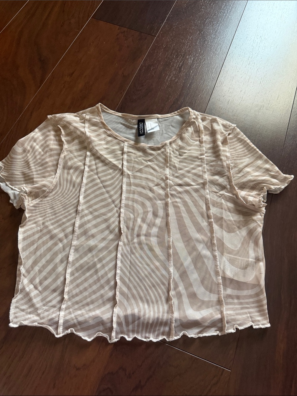 H&M Sheer Beige Wave-Stripe Short Sleeve Crop Top